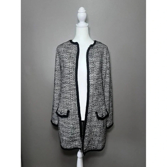 Talbots Tweed Long Blazer Coat Black White Pockets Buttons Size XS Workwear - Picture 2 of 10
